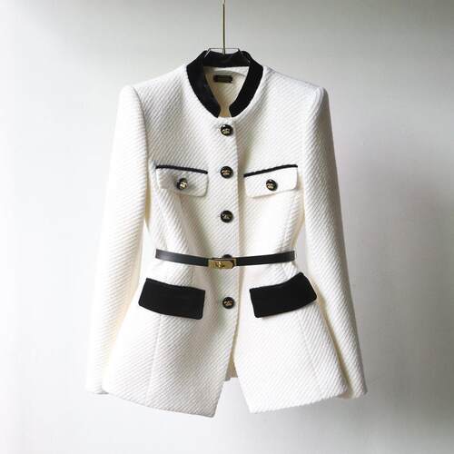 Stand up collar jacket, mid length, waist cinching,