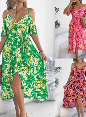 Off shoulder cross neckline floral suspender long dress