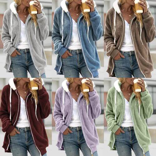 Plush zipper hooded jacket for women 毛绒拉链连帽外套女