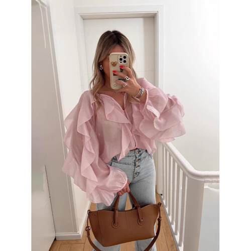 Ladies' V-neck ruffled long sleeved shirt for women