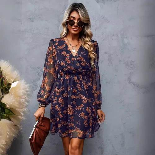 Dress collar printed floral skirt连衣裙领印花碎花裙