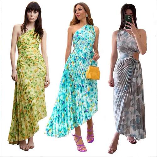 Single shoulder floral pleated hollow dress dress dress