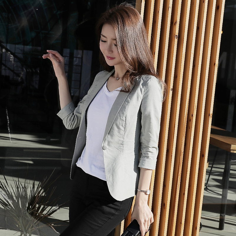 棉麻薄款小西装女外套短款2025夏新款韩版修身七分袖休闲小西服