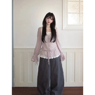 韩系慵懒风显瘦套装女秋季新款紫色毛衣外套内搭波点阔腿裤三件套