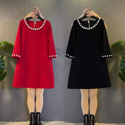 大码女装韩版显瘦重工钉珠连衣裙