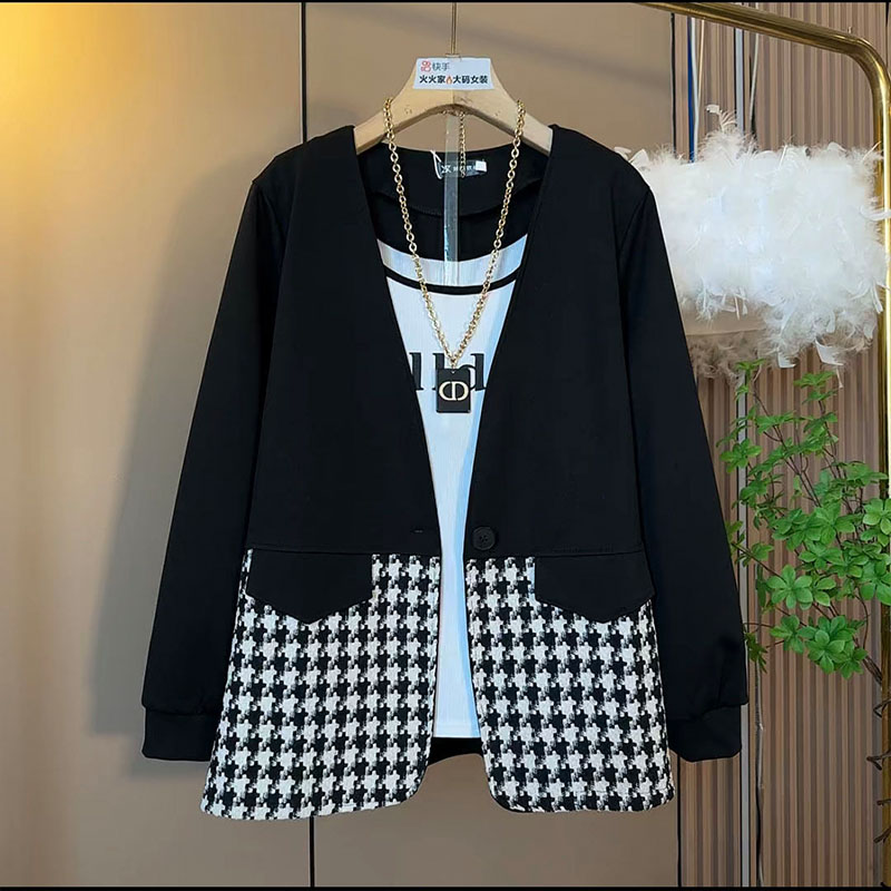 胖mm时尚洋气拼接格子小香风外套