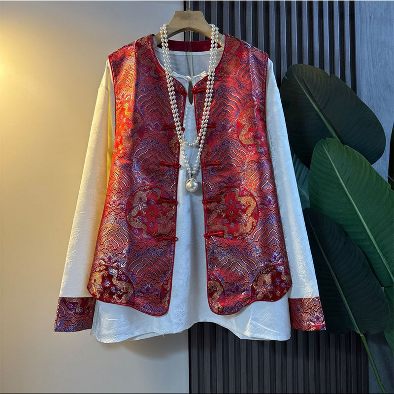 新中式大码女装2026款轻奢国风祥云盘扣提花马甲打底衫显瘦两件套,女装/女士精品,大码套装,淘宝优惠券,粉丝福利购,淘宝优惠卷