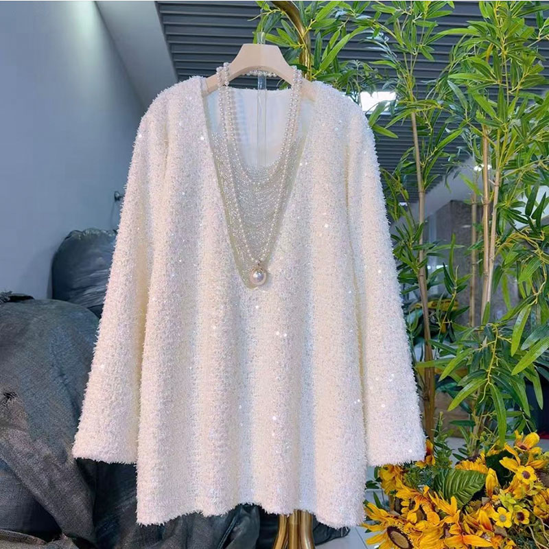 胖mm时尚亮片串珠V领长袖衬衫