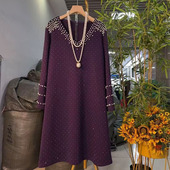 女装 2025秋冬款 时尚 欧货大码 休闲重工钉珠亮钻显瘦遮肉长袖 连衣裙