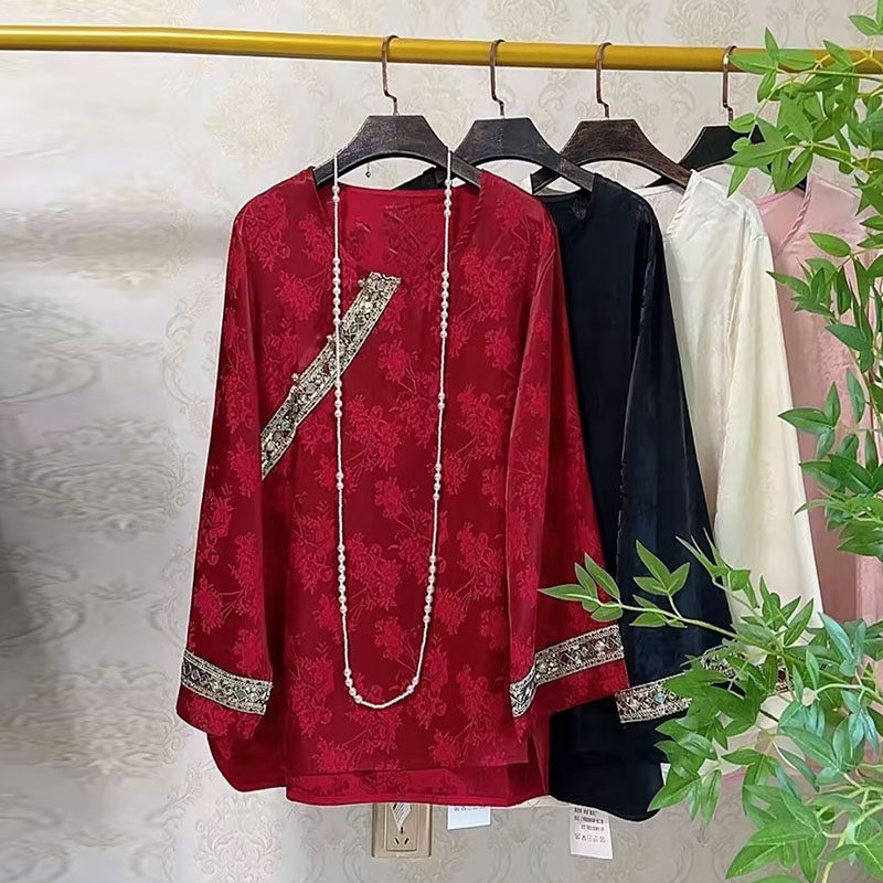 新中式大码女装2025秋季新款国潮风重工锦缎提花宽松显瘦打底衬衫,女装/女士精品,大码内搭,淘宝优惠券,粉丝福利购,淘宝优惠卷