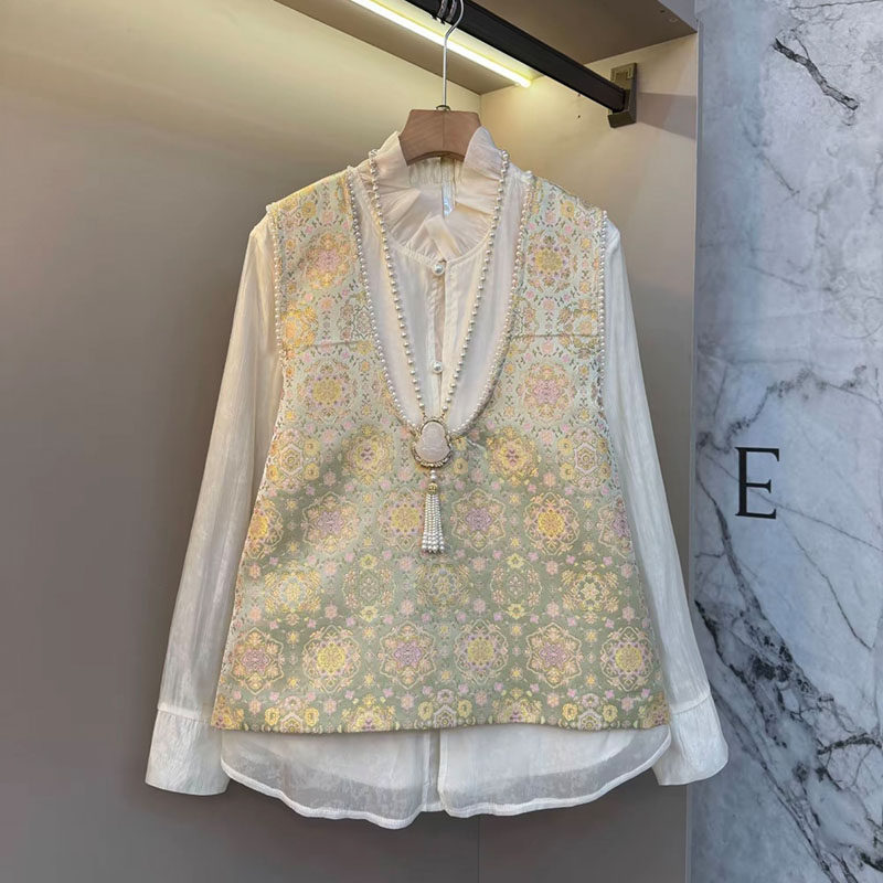 新中式大码女装2026款轻奢国风串珠提花设计感马甲衬衫气质两件套,女装/女士精品,大码套装,淘宝优惠券,粉丝福利购,淘宝优惠卷