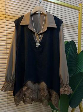 欧货大码女装2025春季款胖mm时尚休闲遮肉显瘦百搭马甲衬衫两件套