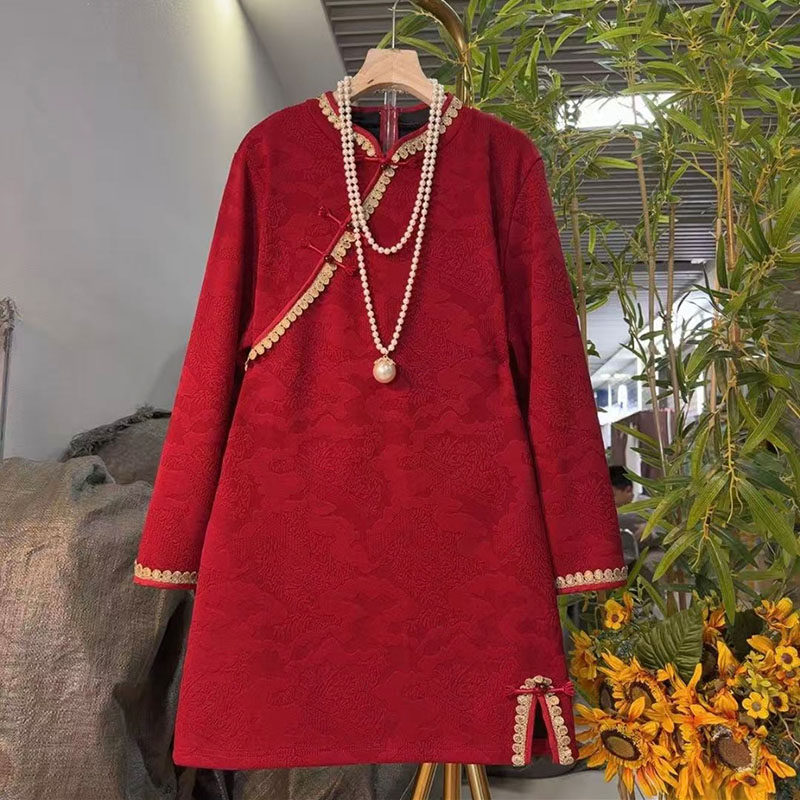 新中式大码女装2025冬季款轻奢国潮风盘扣立领长袖改良显瘦连衣裙,女装/女士精品,大码连衣裙,淘宝优惠券,粉丝福利购,淘宝优惠卷