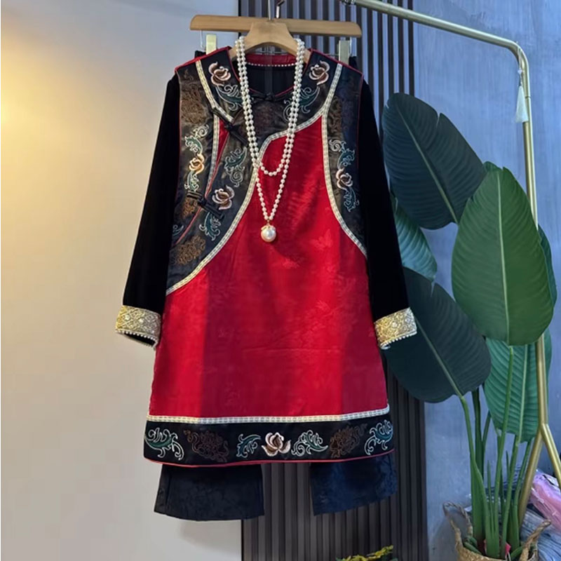 胖mm复古唐装中长款盘扣马甲裤子