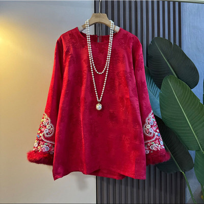 胖mm国风锦缎提花长袖刺绣打底衫