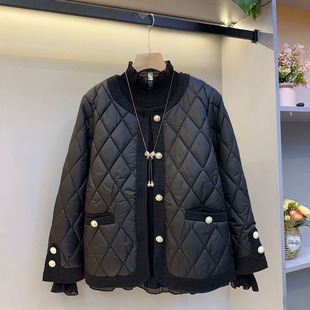 欧货大码女装2025秋冬款小香风轻奢时尚拼接压格纽扣棉服显瘦外套