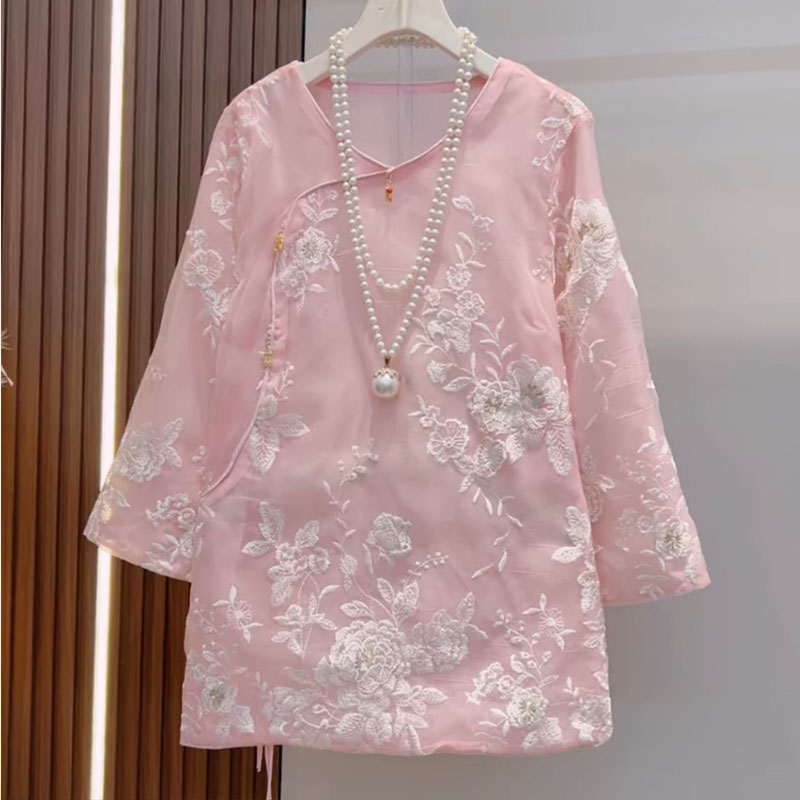 胖mm国风蕾丝提花刺绣圆领打底衫