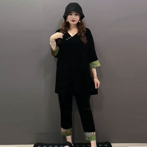 大码女复古丝绒盘扣上衣裤子套装