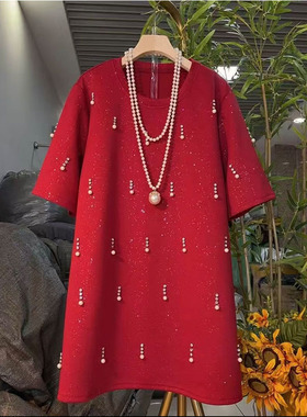 欧货大码女装2025秋冬新款时尚钉珠短袖T恤设计感显瘦中长款大衫