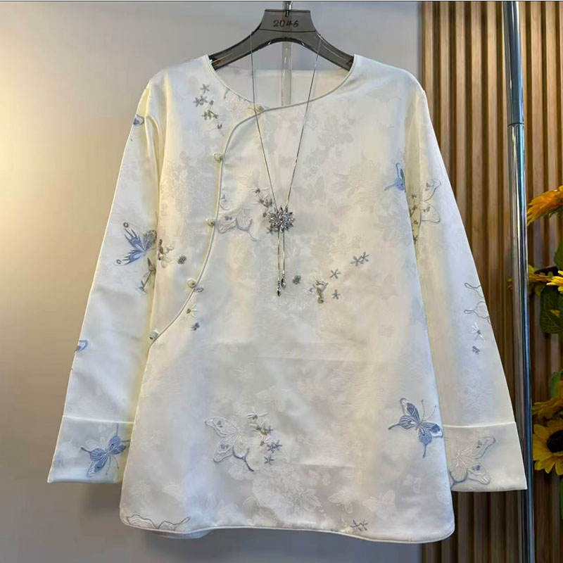 胖mm国潮风刺绣盘扣长袖提花衬衫