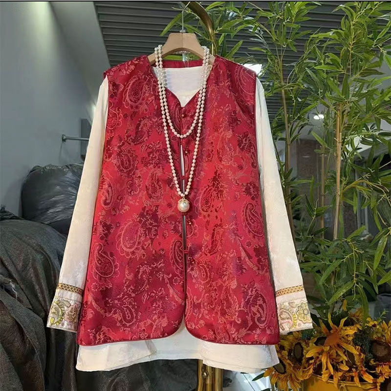 新中式大码女装2025秋冬轻奢款国潮风锦缎提花马甲小衫显瘦两件套,女装/女士精品,大码套装,淘宝优惠券,粉丝福利购,淘宝优惠卷