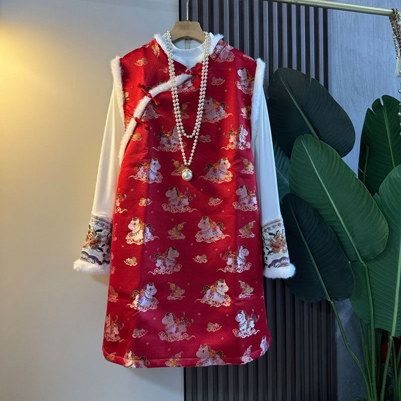 新中式大码女装轻奢国风斜襟盘扣气质显瘦马甲裙小衫新年穿两件套,女装/女士精品,大码套装,淘宝优惠券,粉丝福利购,淘宝优惠卷