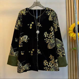 新中式大码女装2025秋冬款国风轻奢上衣丝绒刺绣亮片长袖显瘦外套