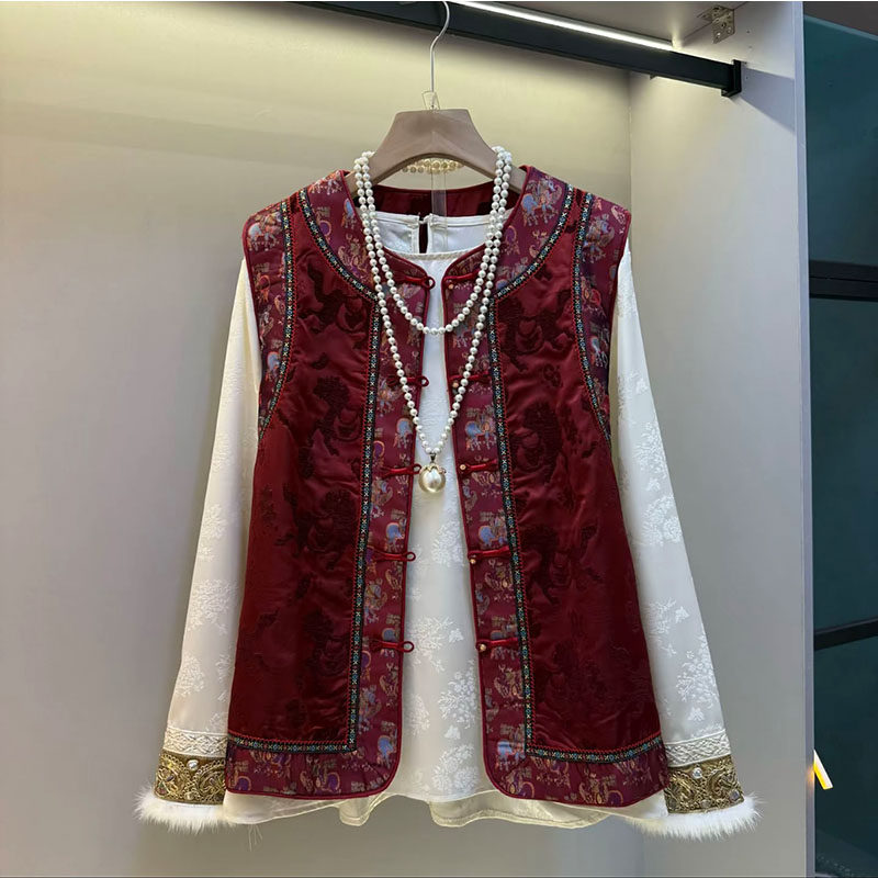 新中式大码女装2025秋冬款轻奢国风锦缎提花马甲打底衫显瘦两件套,女装/女士精品,大码套装,淘宝优惠券,粉丝福利购,淘宝优惠卷