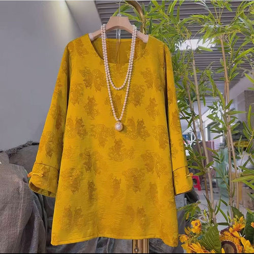 胖mm国潮风韵味锦缎提花盘扣衬衫