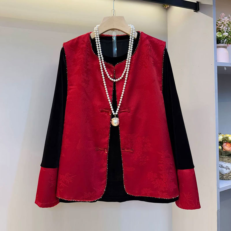 新中式大码女装2026新款轻奢国风提花盘扣亮钻马甲小衫显瘦两件套,女装/女士精品,大码套装,淘宝优惠券,粉丝福利购,淘宝优惠卷