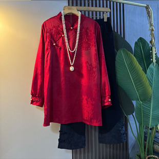 大码 衬衫 女装 国风轻奢锦缎提花盘扣立领韵味长袖 2025秋冬款 新中式