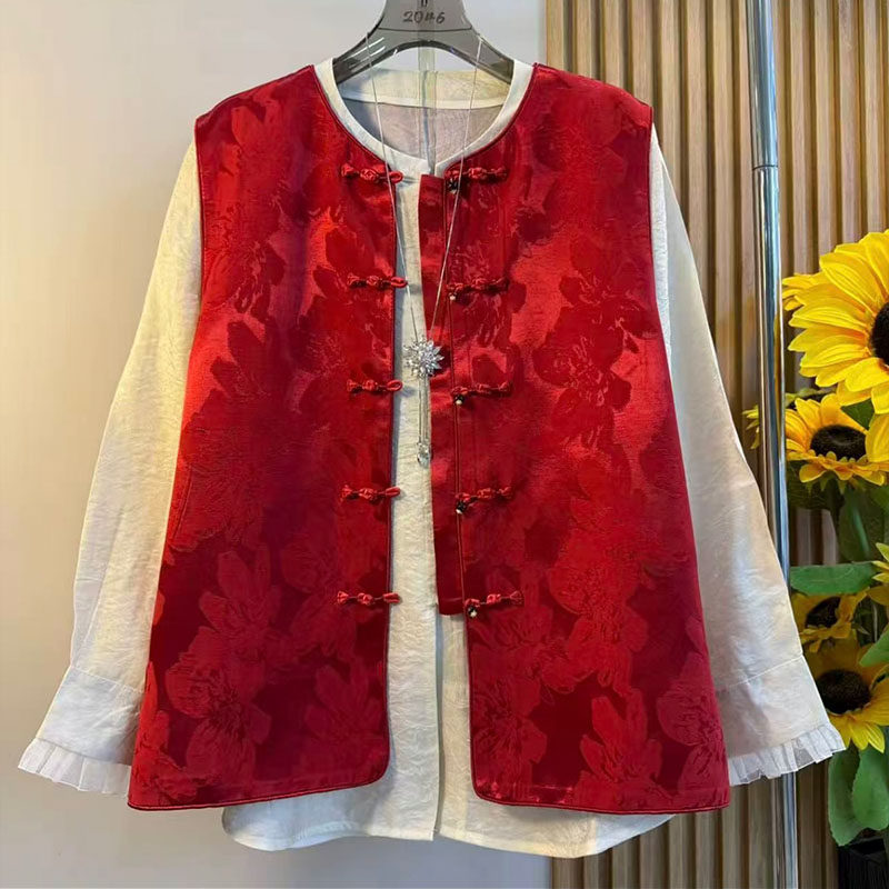 新中式大码女装2026新款轻奢国潮风锦缎提花盘扣马甲打底衫两件套,女装/女士精品,大码套装,淘宝优惠券,粉丝福利购,淘宝优惠卷