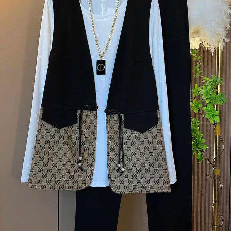 胖mm欧货盘扣马甲小衫裤子三件套