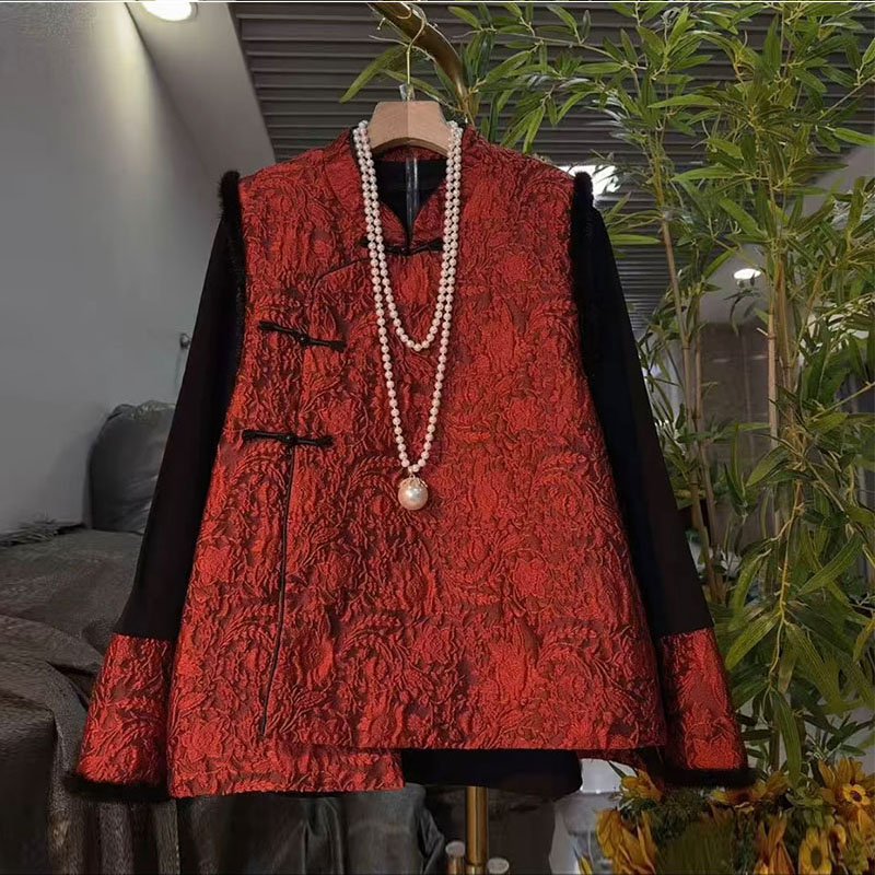 胖mm国风盘扣加棉马甲小衫两件套