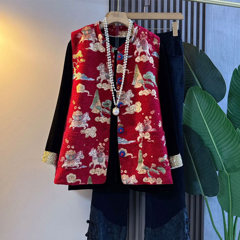 新中式大码女装2025冬季国潮风雪尼尔刺绣盘扣马甲小衫新年两件套,女装/女士精品,大码套装,淘宝优惠券,粉丝福利购,淘宝优惠卷