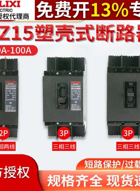 德力西塑壳式断路器DZ15-100/3901黑色空气开关32A/40A/63A/100A