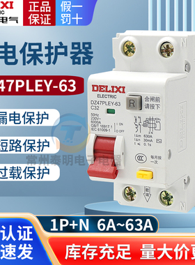 德力西断路器16A/32A/40A漏电保护器DZ47PLEY-63漏保空开63A过载