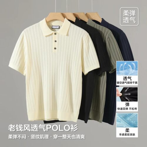 小马工作室老钱风竖纹肌理针织纽扣POLO衫2026夏季男休闲百搭短袖
