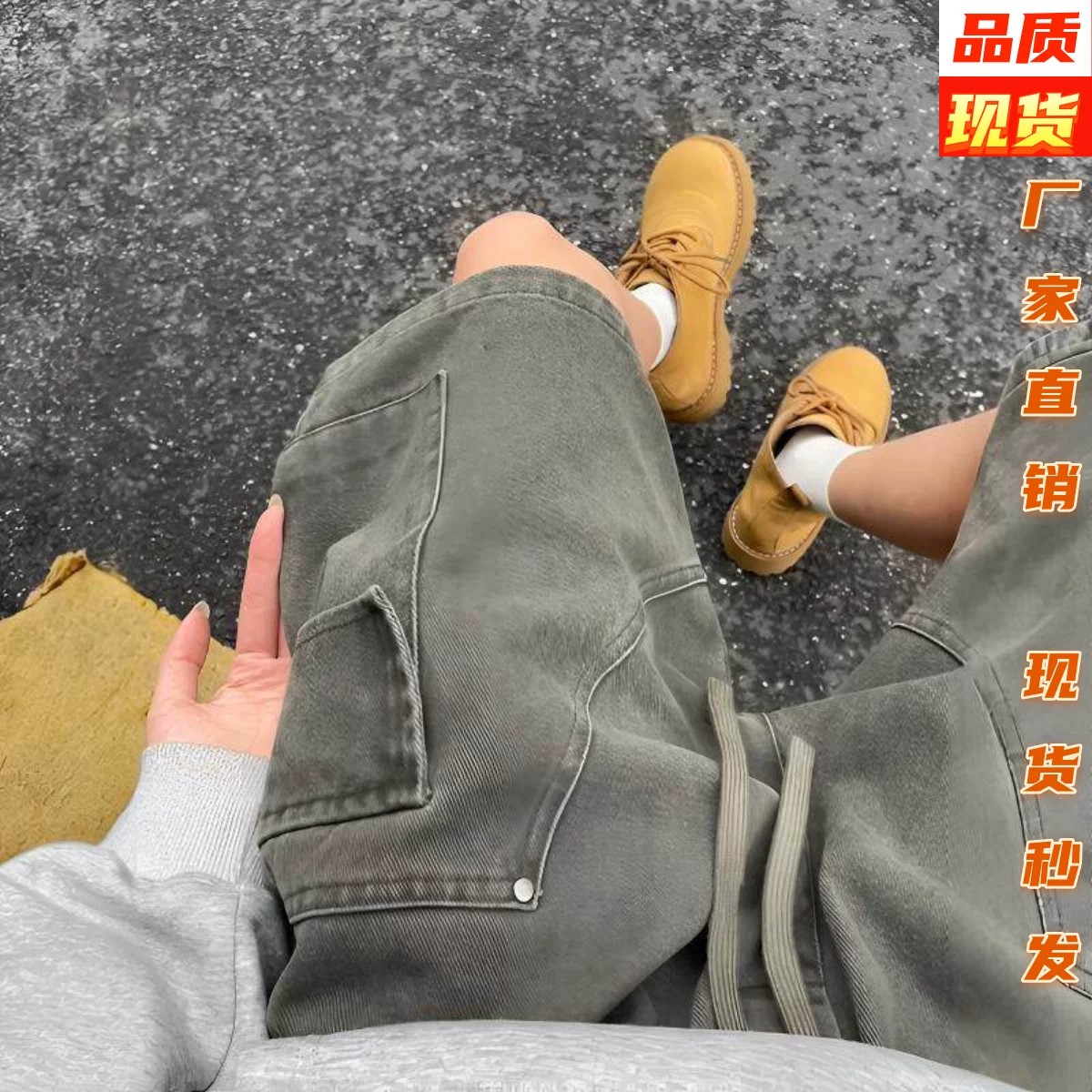 南风工作室美式纯棉直筒裤水洗工装短裤男装宽松男伐木裤五分裤子