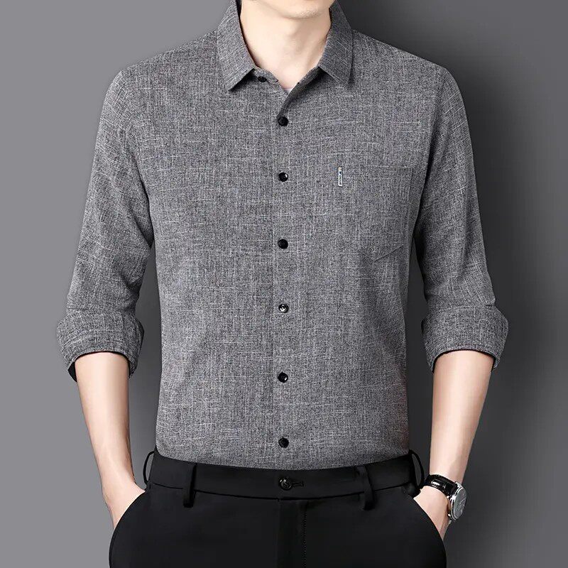 千发服饰春秋季男士长袖衬衫爸爸男款衬衣宽松翻领休闲中老年上衣