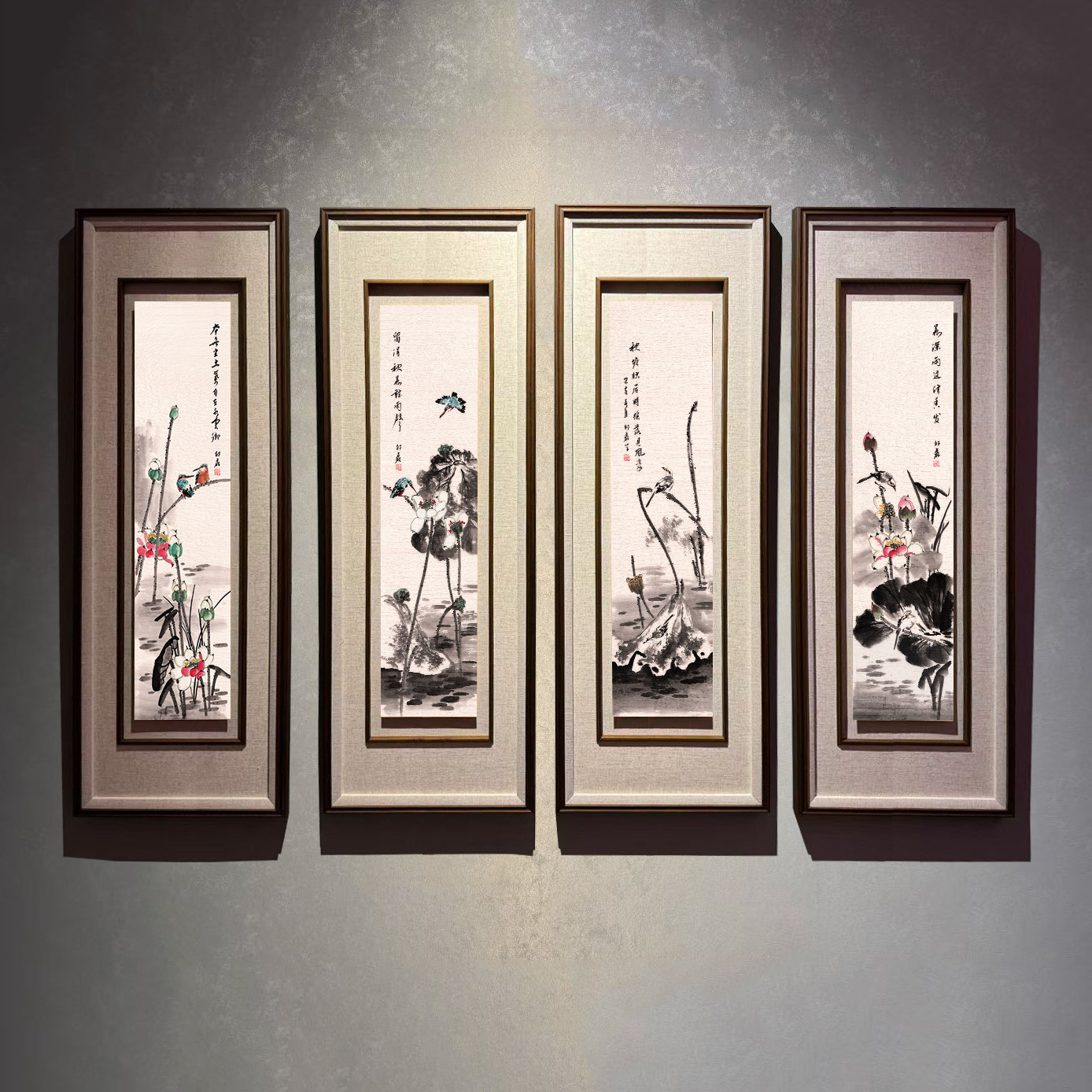 新中式荷花国画四条屏客厅玄关装饰画竖版挂画壁画酒店民宿装饰画
