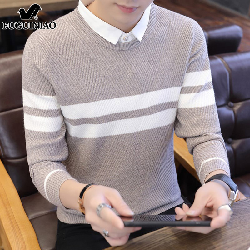 富贵鸟假两件针织衫男士打底秋季
