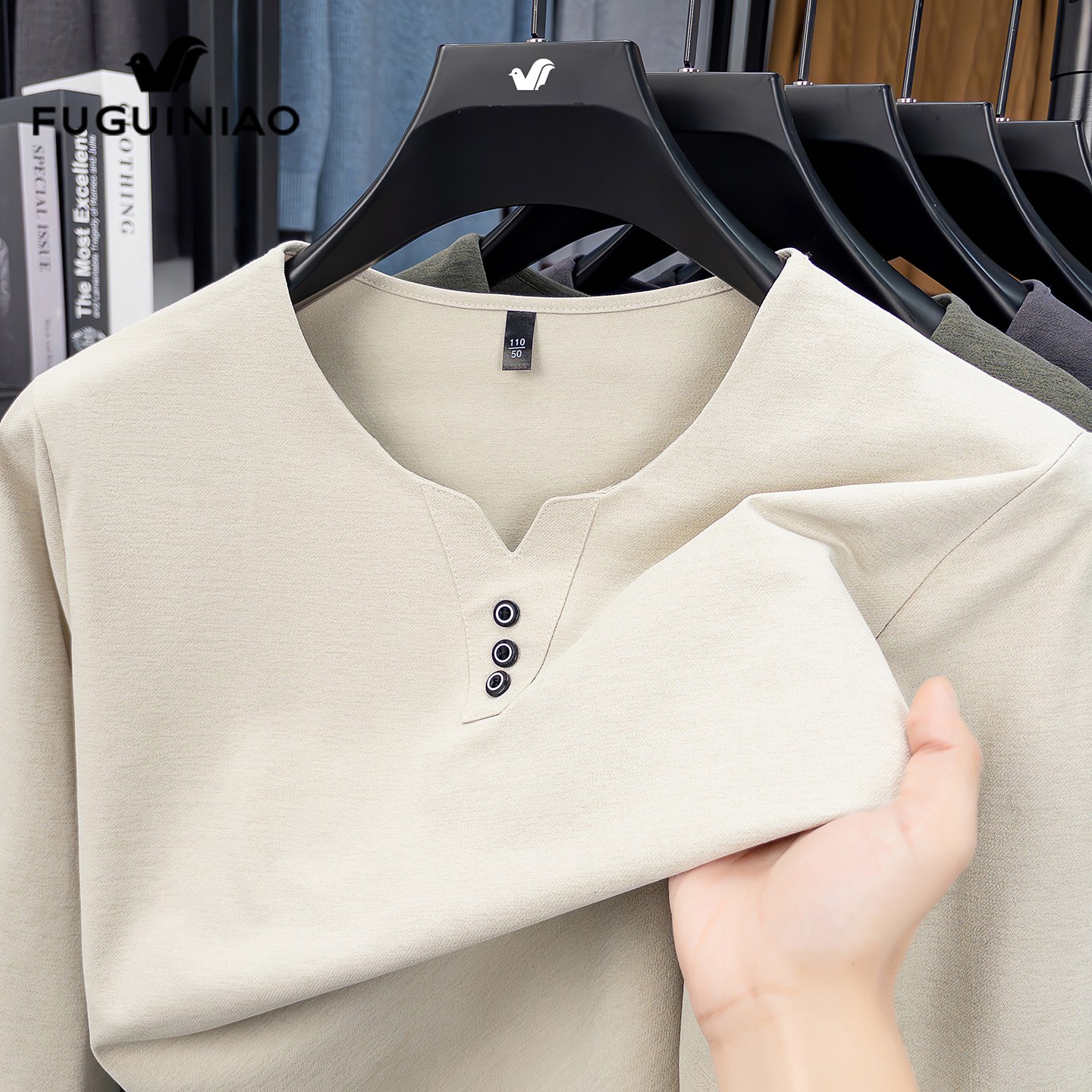富贵鸟v领长袖t恤男士秋季新款潮