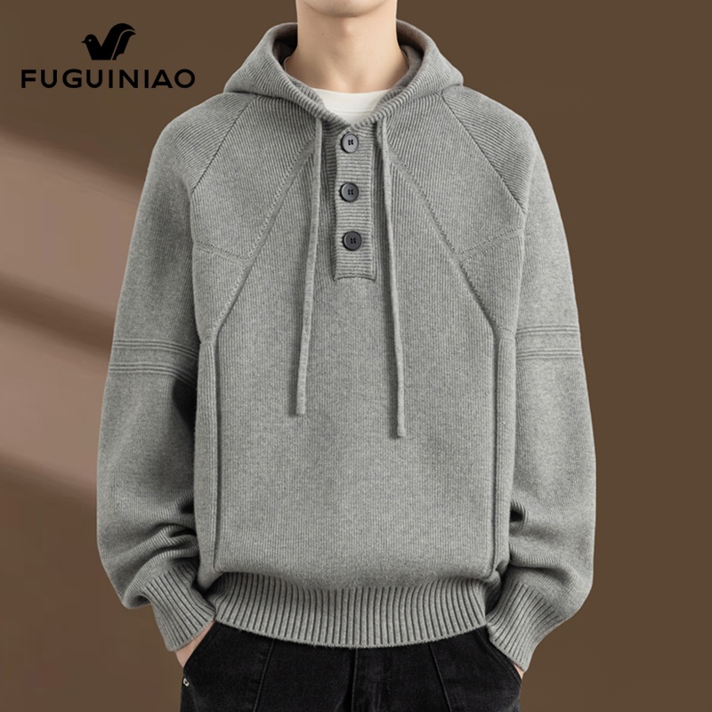 富贵鸟毛衣男士三粒扣连帽针织衫2025年秋季新款潮流休闲毛线衣男