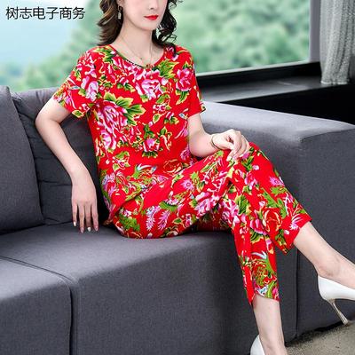 东北大花棉绸套装女外穿短袖衫九分裤姐妹闺蜜装民族风聚会表演服
