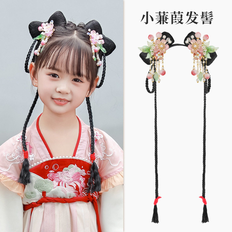 儿童汉服假发头饰女童古装一体式
