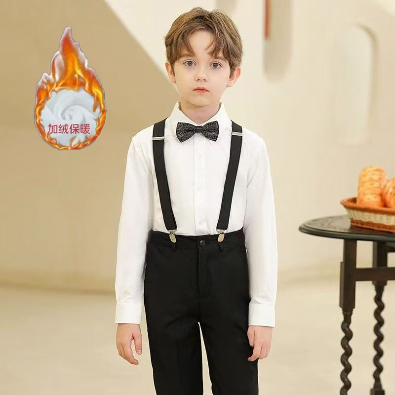 儿童白衬衫加绒长袖男童衬衣黑裤女童表演出服小学生秋冬班服朗诵