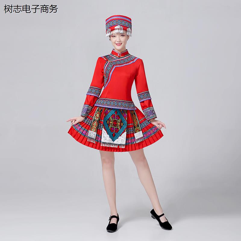 广西壮族服装女少数民族服饰三月三舞蹈演出服竹竿舞大摆裙表演服