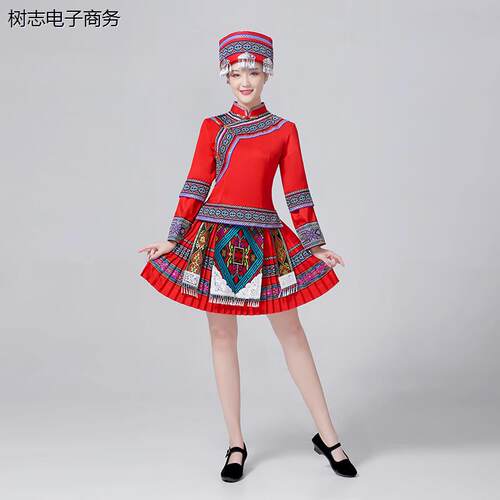 广西壮族服装女少数民族服饰三月三舞蹈演出服竹竿舞大摆裙表演服