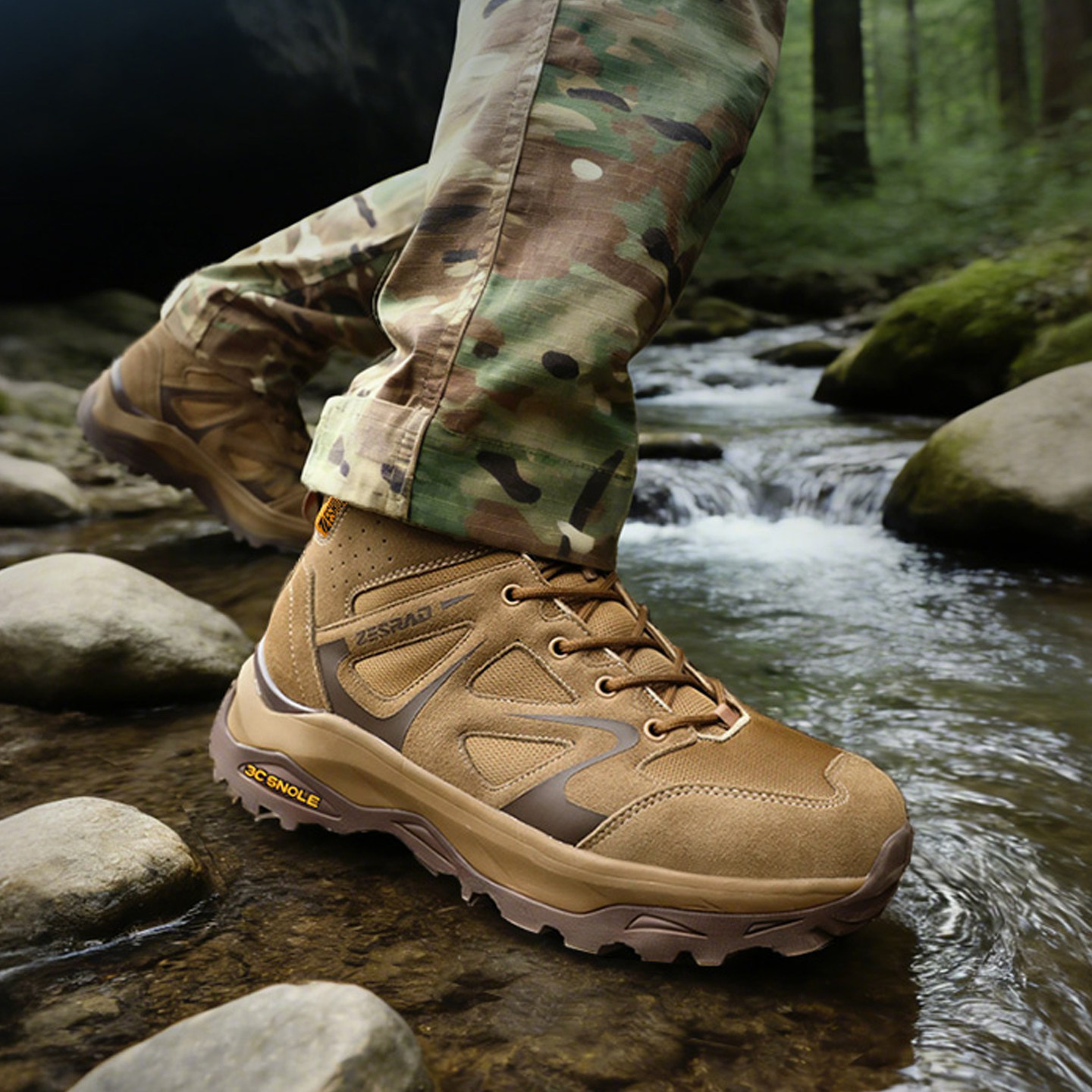 新式棕色作战靴男超轻减震户外真皮越野沙漠靴防水透气中帮训练鞋